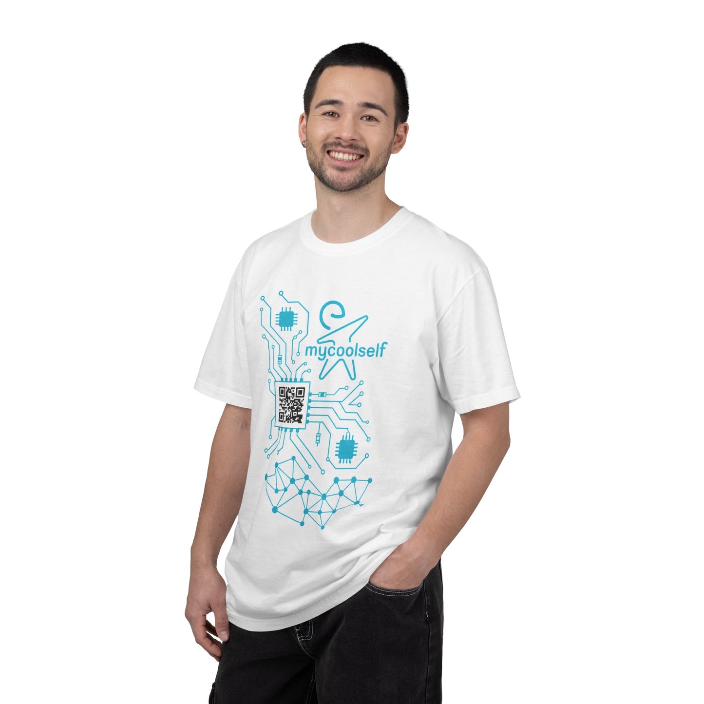 Copy of AI Circuit T-Shirt — "mucoolself" Tech Graphic with "I Feel, AI Thinks, We Decide" Back Print