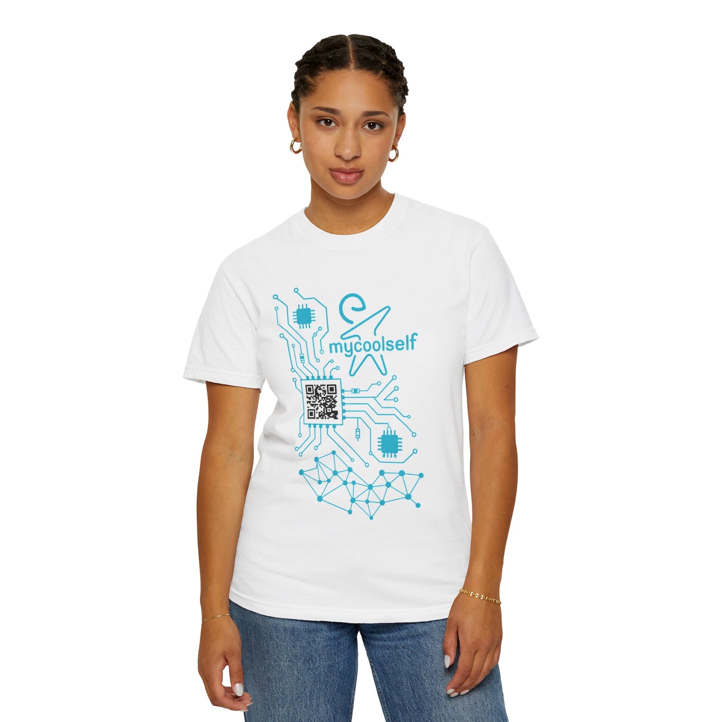 Copy of AI Circuit T-Shirt — "mucoolself" Tech Graphic with "I Feel, AI Thinks, We Decide" Back Print